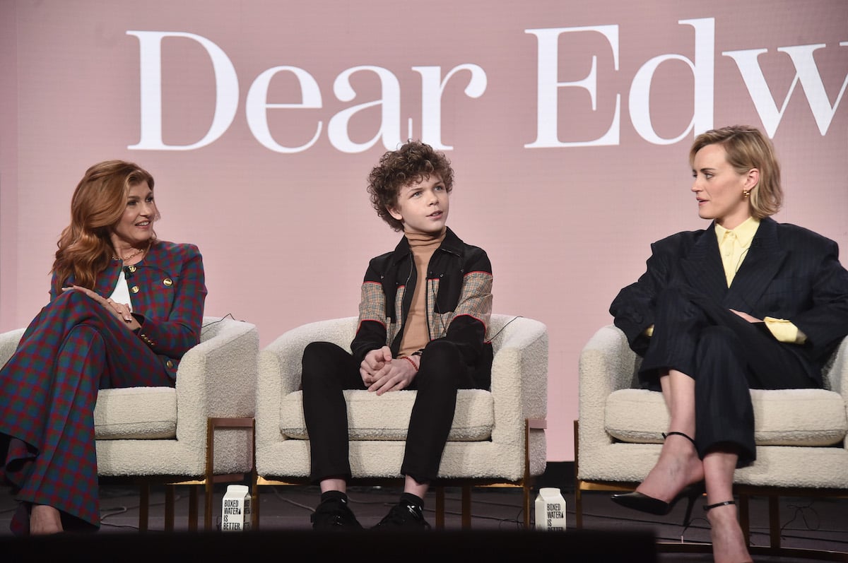 Connie Britton, Colin O'Brien, and Taylor Schilling speak on stage during the Apple TV+ 2023 TCA Winter Press Tour