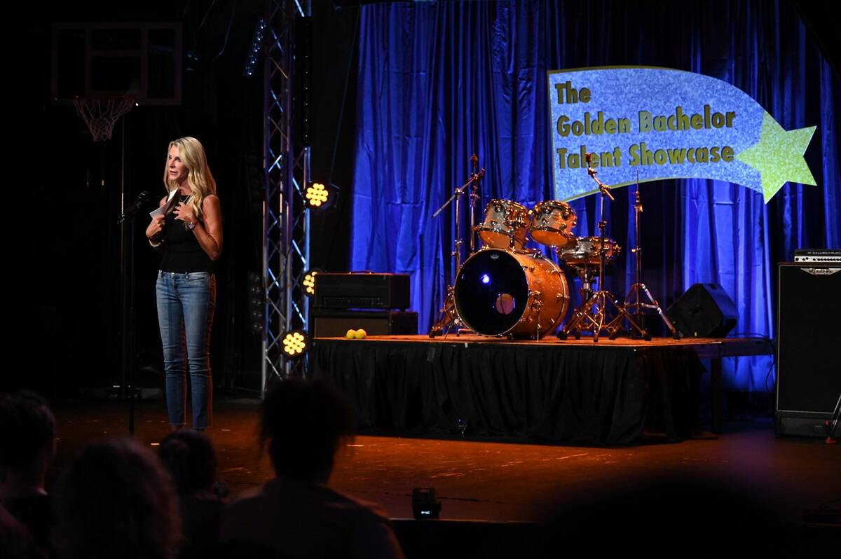 Joan Vassos stands on stage during the 'The Golden Bachelor' talent show