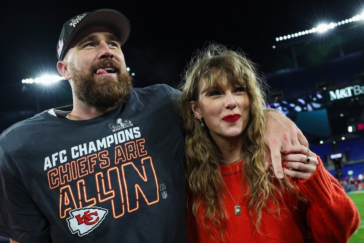 Travis Kelce celebrates with Taylor Swift after defeating the Baltimore Ravens in the AFC Championship Game