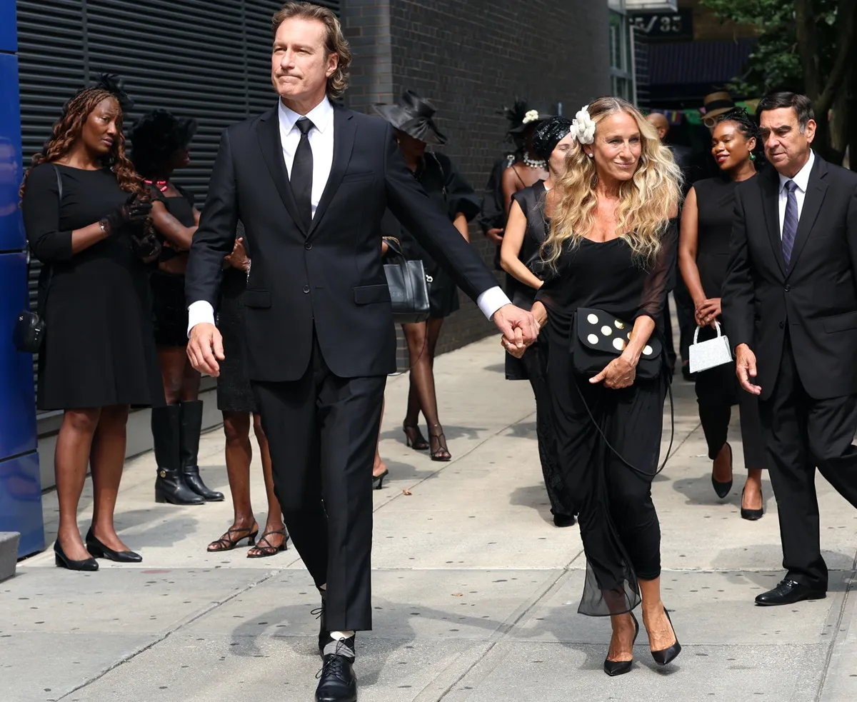 John Corbett and Sarah Jessica Parker are seen on the set of the 'And Just Like That' TV Series on July 22, 2024 in New York City