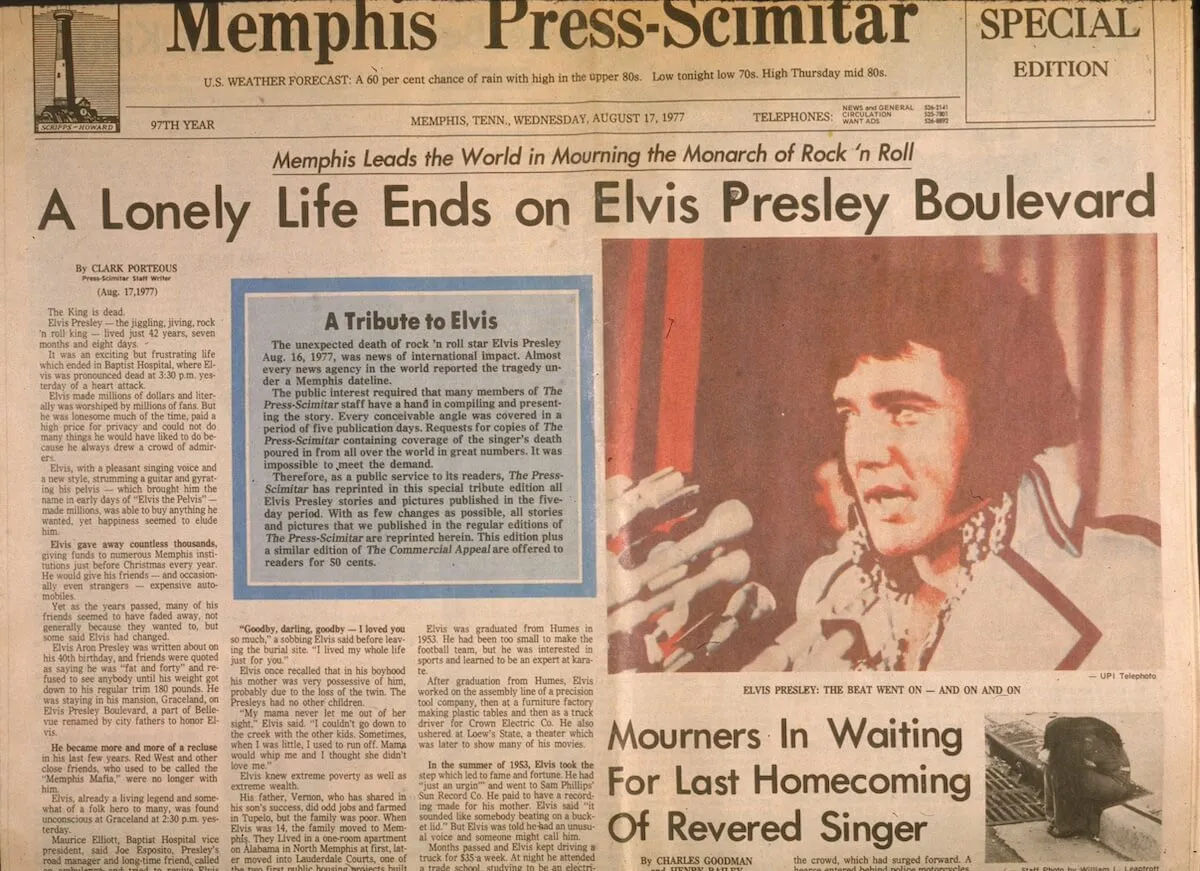 Image of the Memphis Press-Scimitar front page on the day of Elvis Presley's death