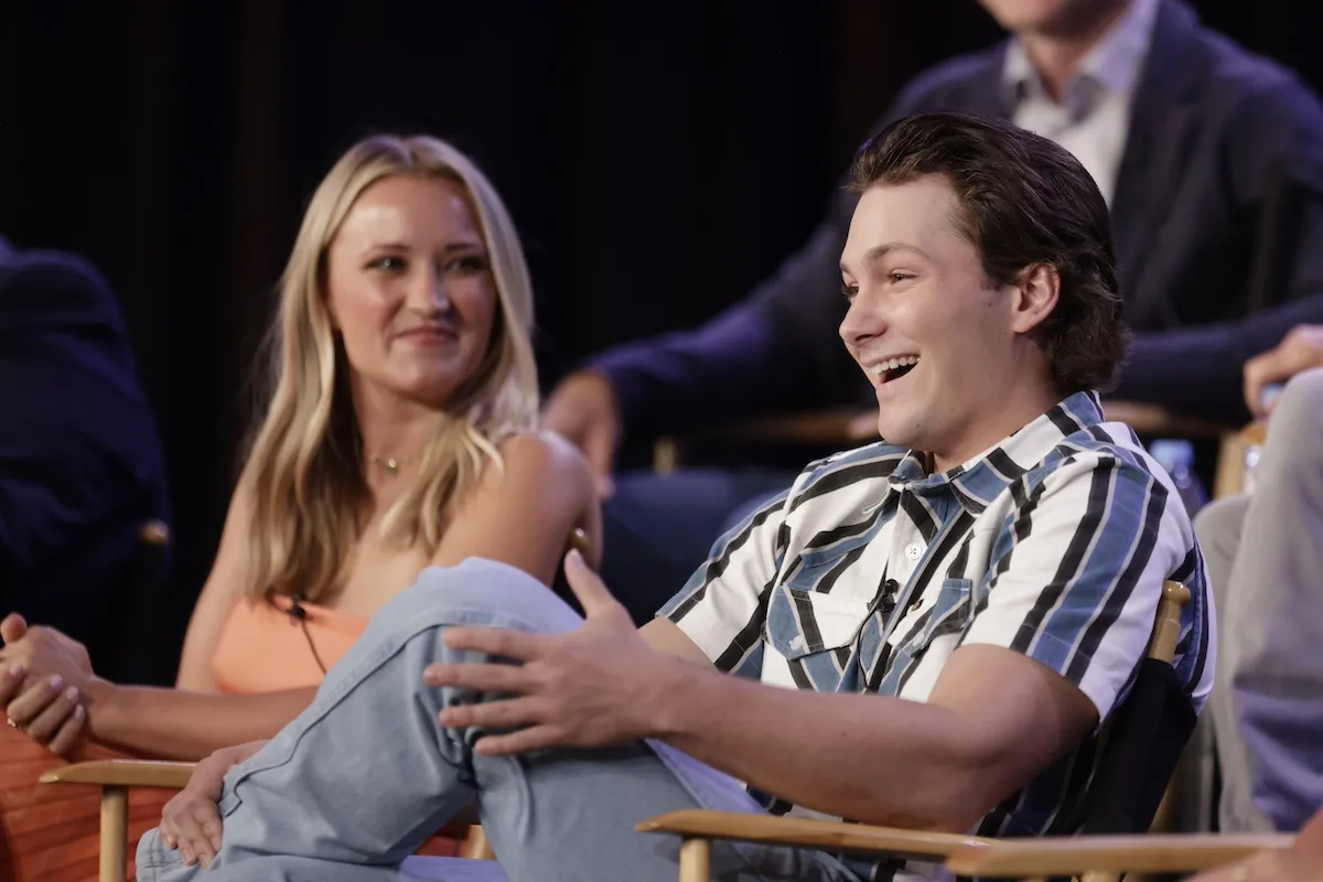 Emily Osment and Montana Jordan sitting on stage at the TCA Summer 2024 press tour