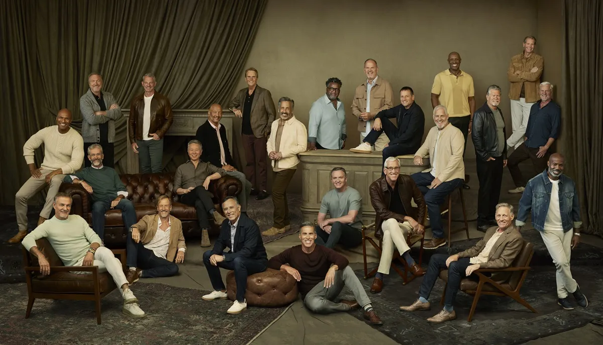 Jonathan, Pascal, Pablo, Gregg, Jordan, David, Charles, R.J., Gil, Michael, Bill, Guy, Chock, Gary, Keith, Ken, Bob, Mark, Charles, Jack, Dan, Kim, Christopher, and Thomas pose for 'The Golden Bachelorette'