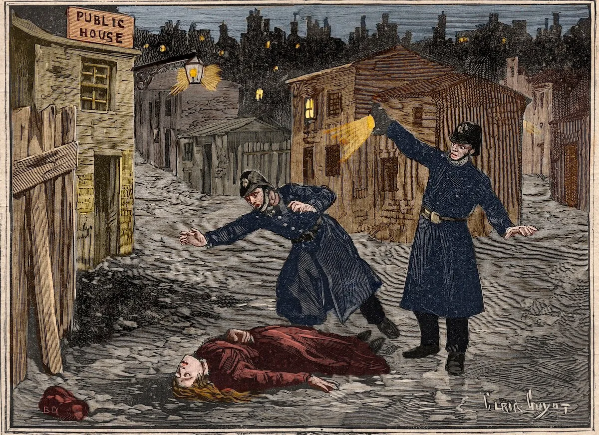 A 19th century illustration of two detectives discovering the body of one of Jack the Ripper's victims.