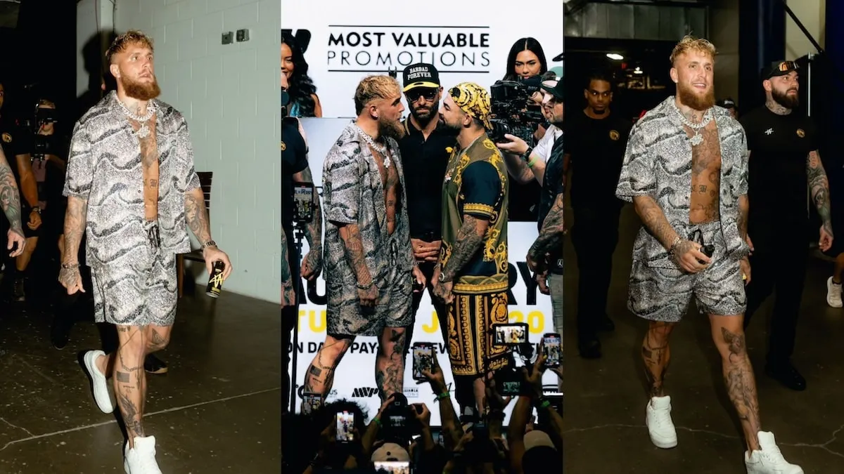 Three photos of Jake Paul promoting a fight while wearing his chain and a black and white shirt and shorts