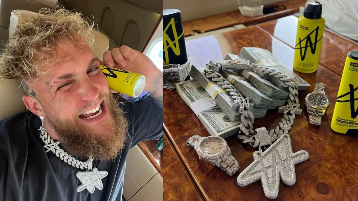 A photo of Jake Paul wearing his $700K chain alongside a photo of the chain sitting with his body care line products