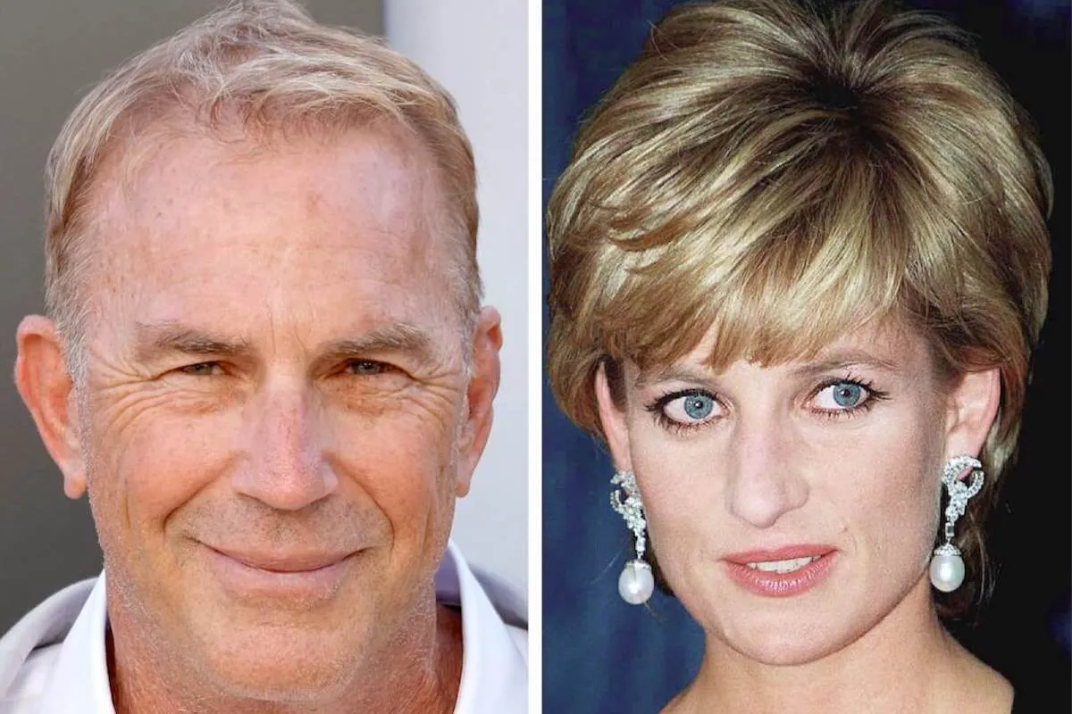 Kevin Costner, who became part of a palace feud about Princess Diana and 'The Bodyguard 2,' in 2024; Princess Diana in 1996.