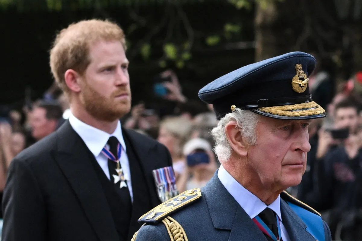 King Charles and Prince Harry walk behind the coffin of Queen Elizabeth II