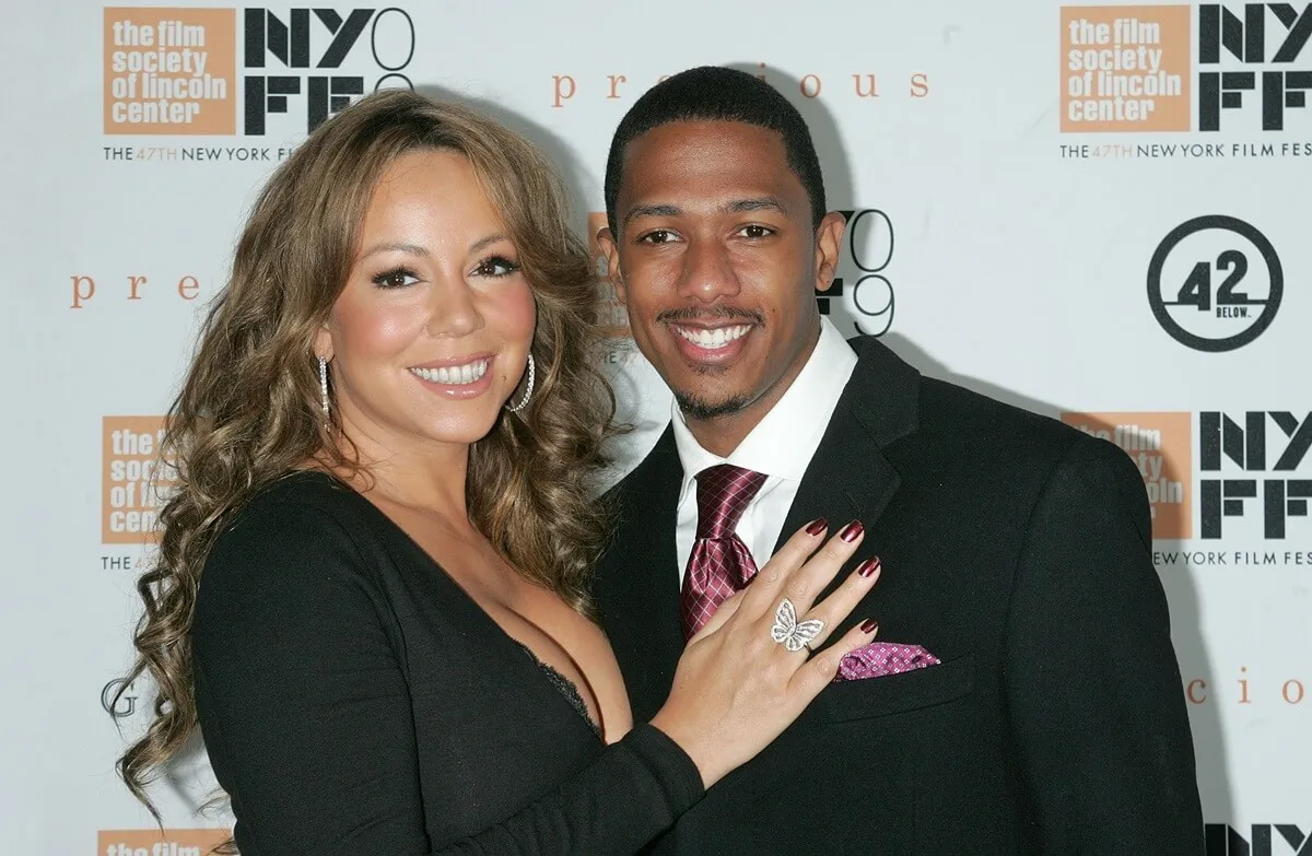 Mariah Carey and Nick Cannon posing at the premiere of 'Precious'.