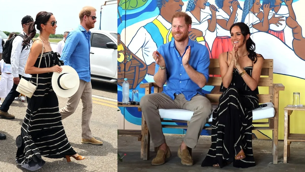 Wearing a black and white dress, Meghan Markle walks through a parking lot in Columbia