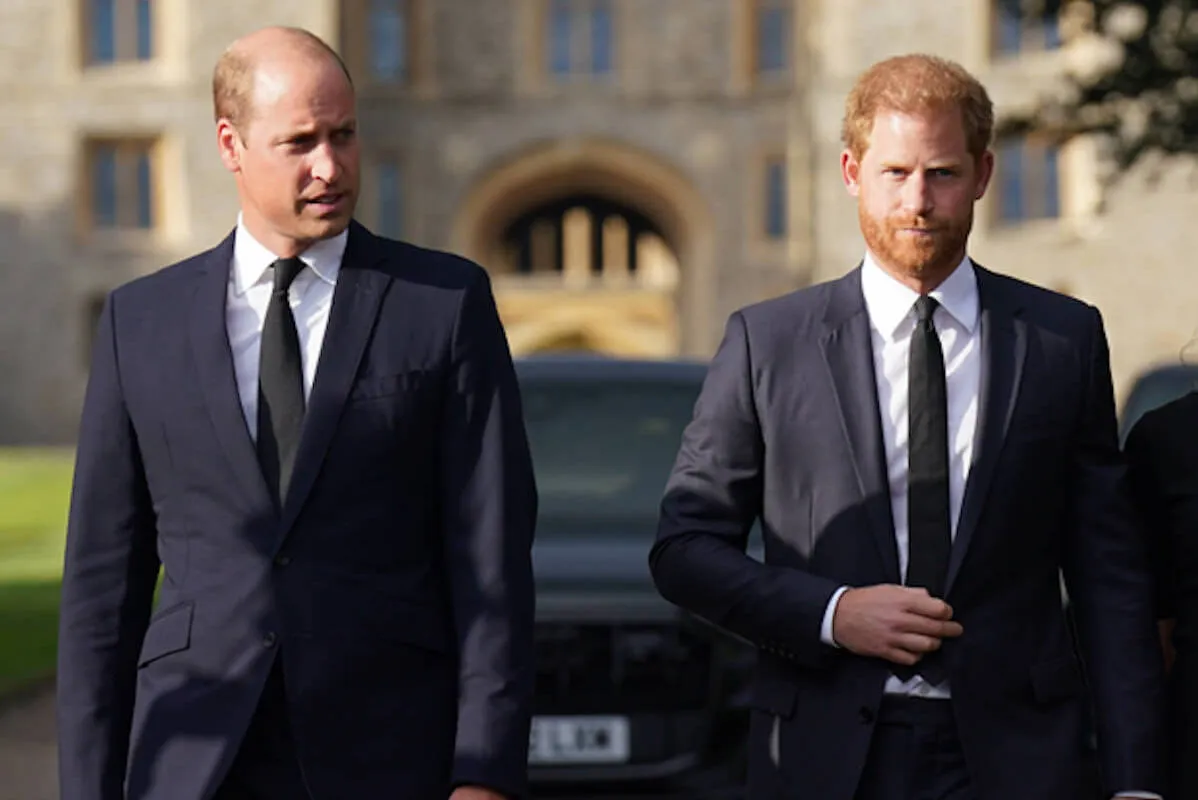 Prince William and Prince Harry, whose 'frost' in their relationship is unlikely to change if they go to Robert Fellowes' funeral, stand next to each other.