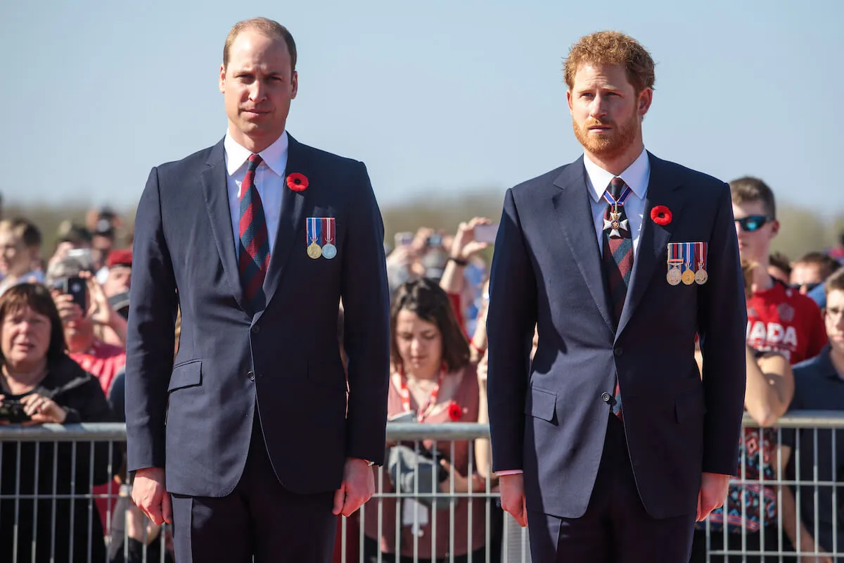 Princes William and Harry, who may both attend their uncle Robert Fellowes' funeral, stand next to each other.