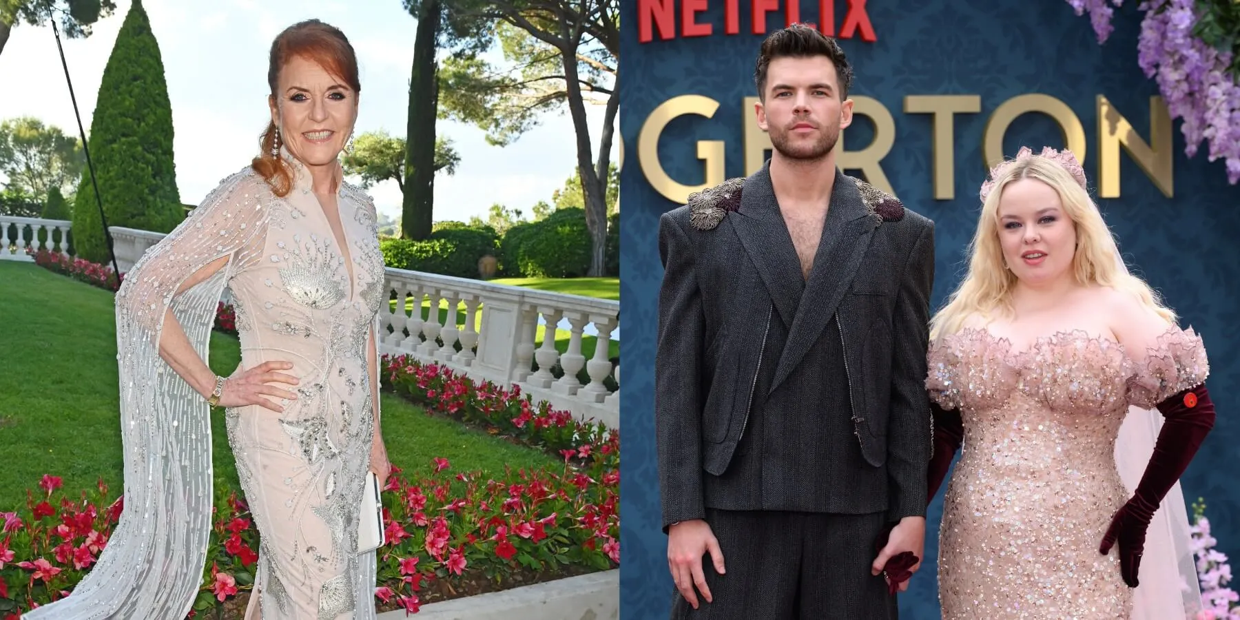 Sarah Ferguson and 'Bridgerton' stars Luke Newton and Nicola Coughlan in side-by-side photographs.